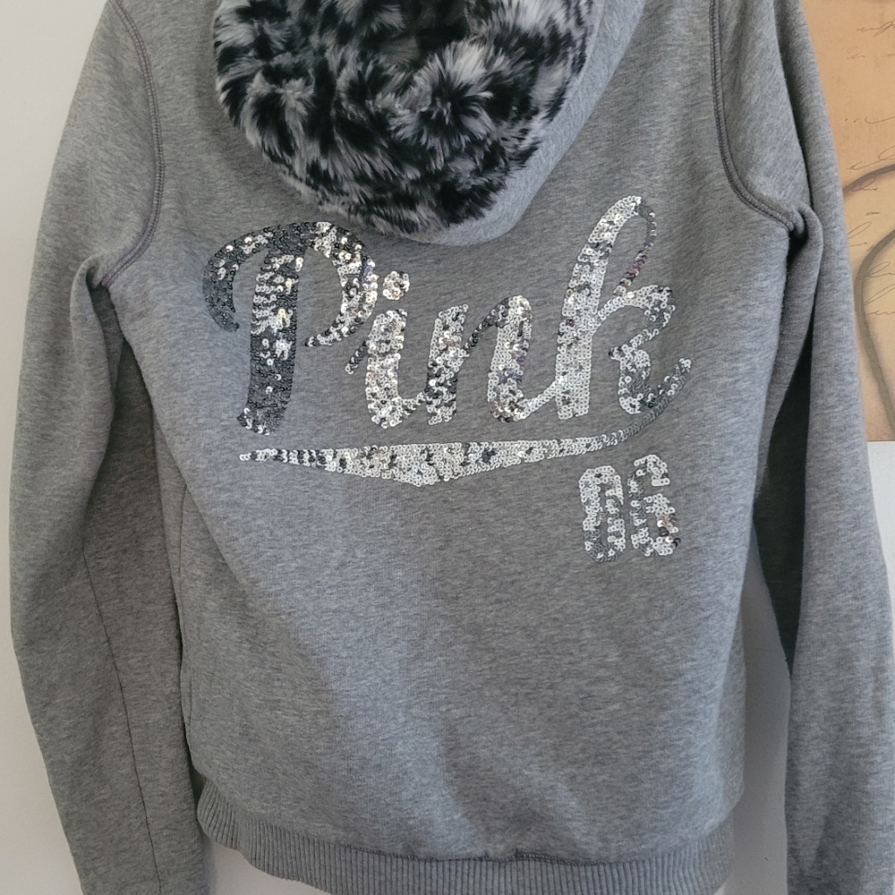 Women's PINK sequen faux fur full zip hoodie